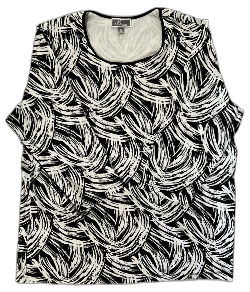 JM Collection Women’s 2X Blouse Black White Brushstroke Print 3/4 Sleeve Top